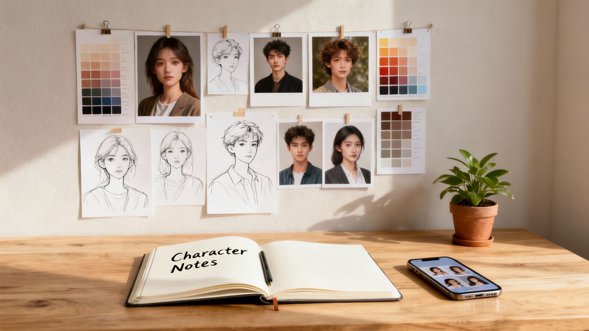 Creative character design studio with AI portraits, sketches, color swatches, a notebook, and a plant.