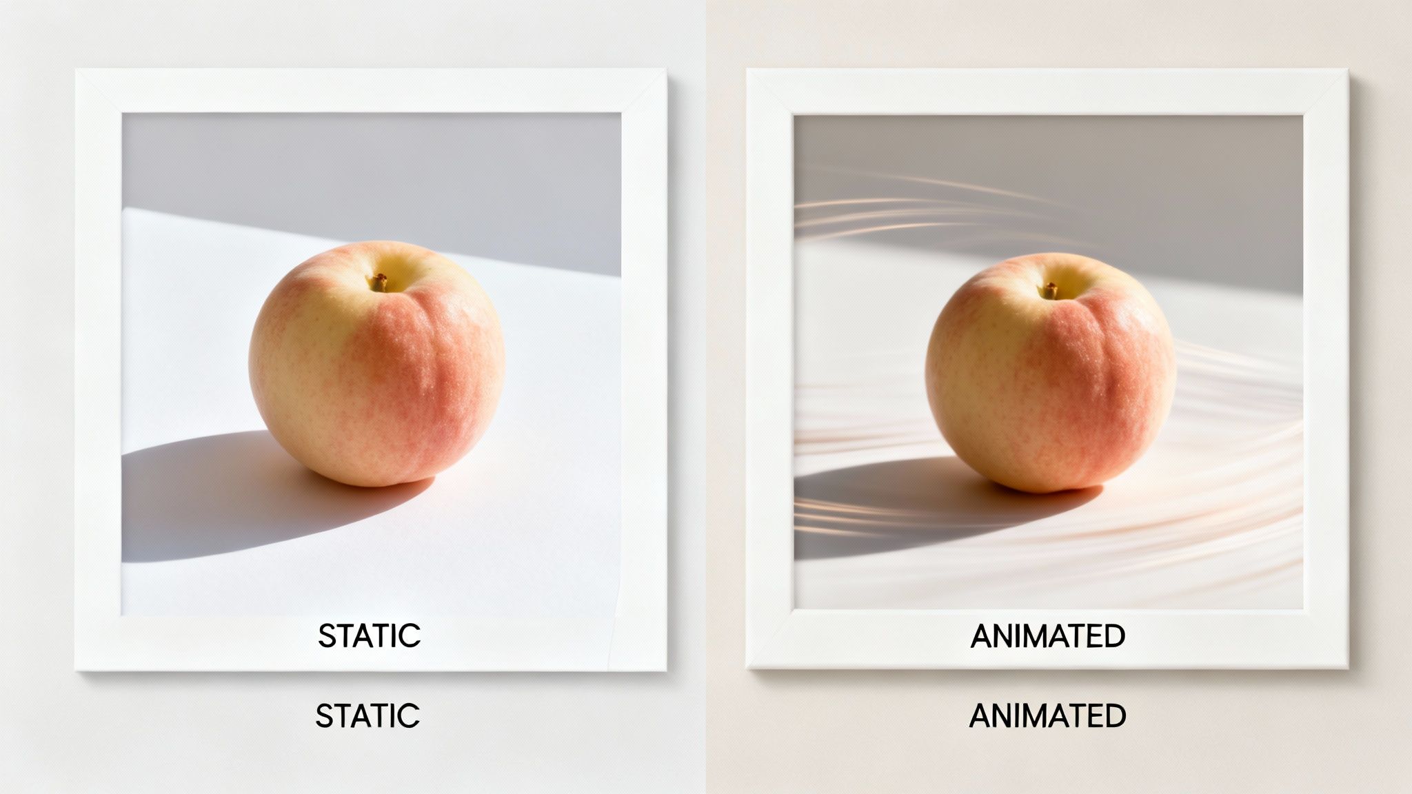 Two white-framed images of a single apple on a white surface, one static and one animated.