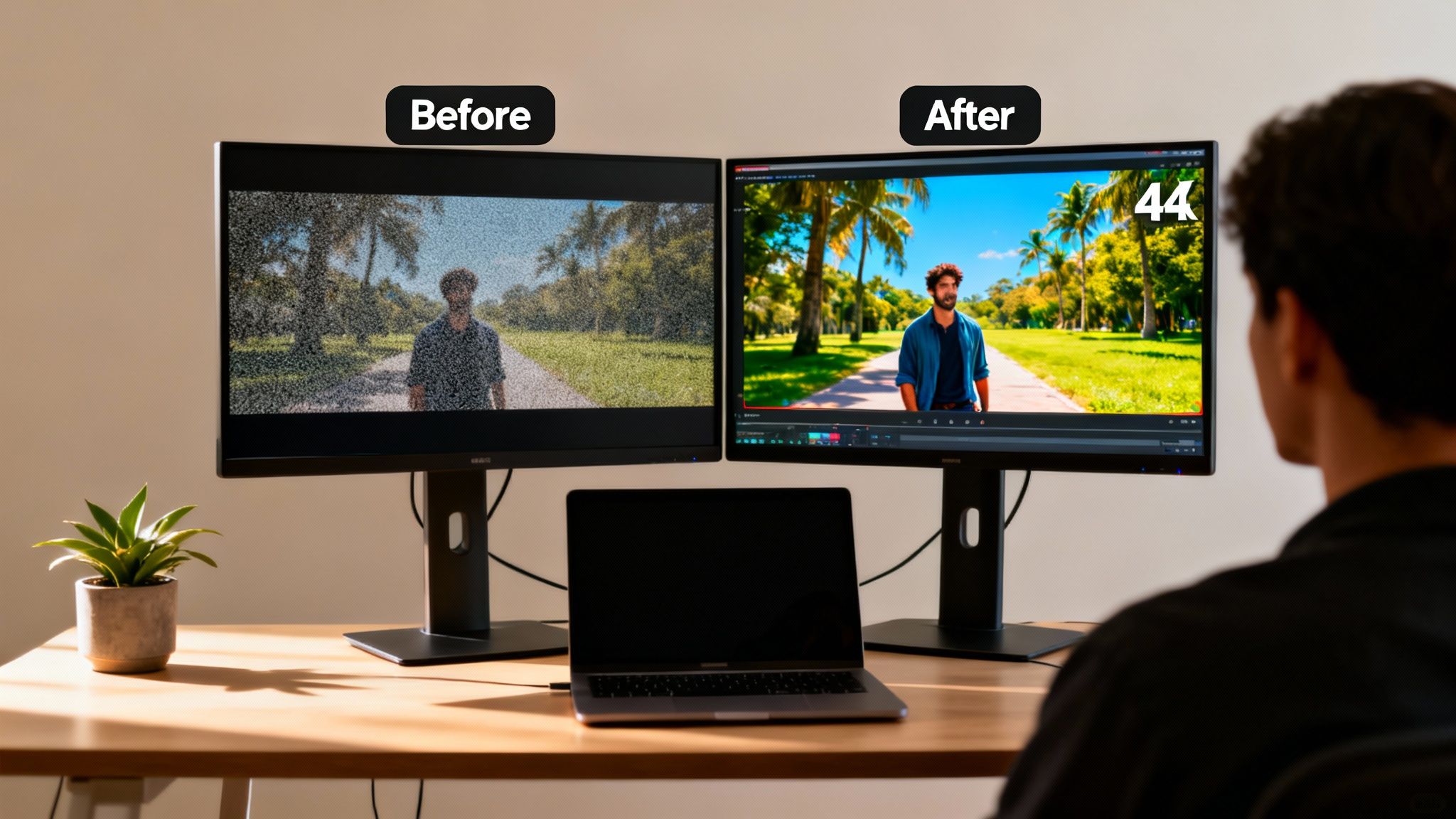 A dual monitor setup showing a video before and after AI upscaling, from noisy to crisp.