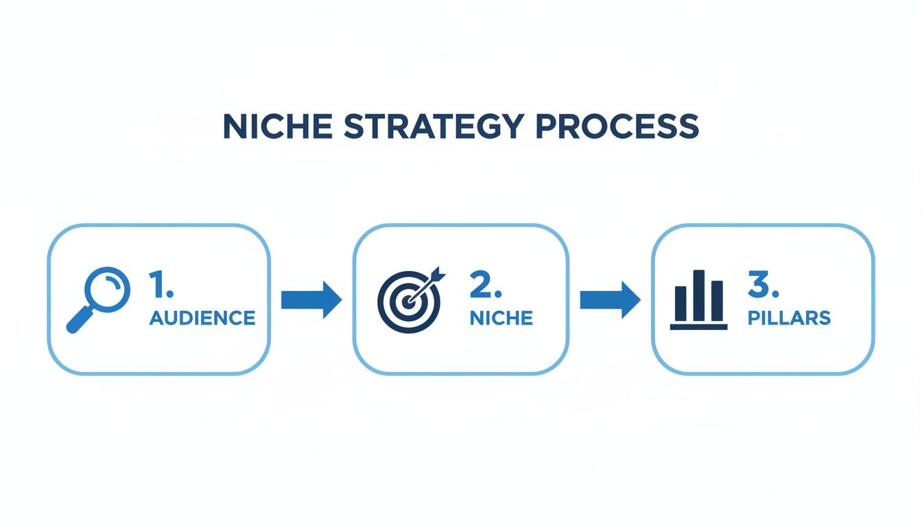 Visual diagram illustrating the three-step Niche Strategy Process: Audience, Niche, and Pillars.