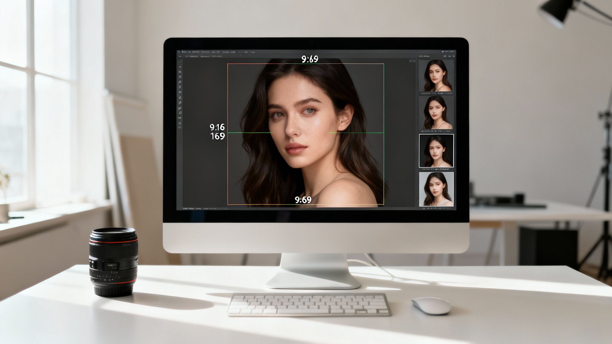 A computer screen displays AI photo editing software with a woman's portrait and cropping ratios.