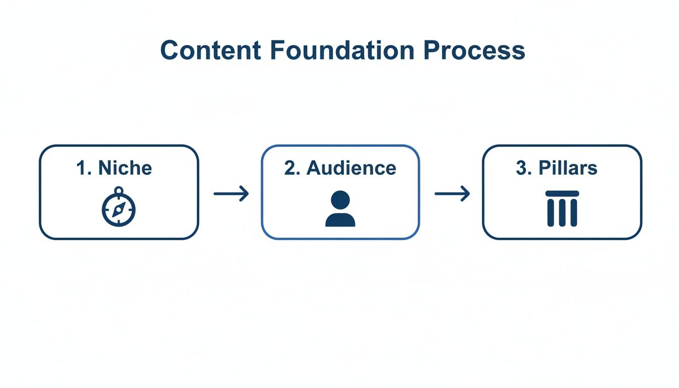 A flowchart showing the Content Foundation Process with steps: 1. Niche, 2. Audience, and 3. Pillars.