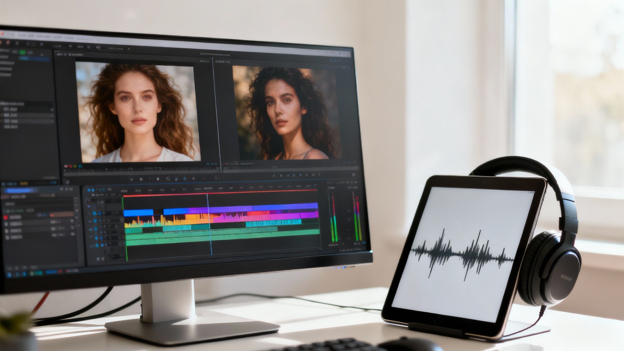 A professional video editing desk with a monitor showing a timeline, tablet with sound waves, and headphones.