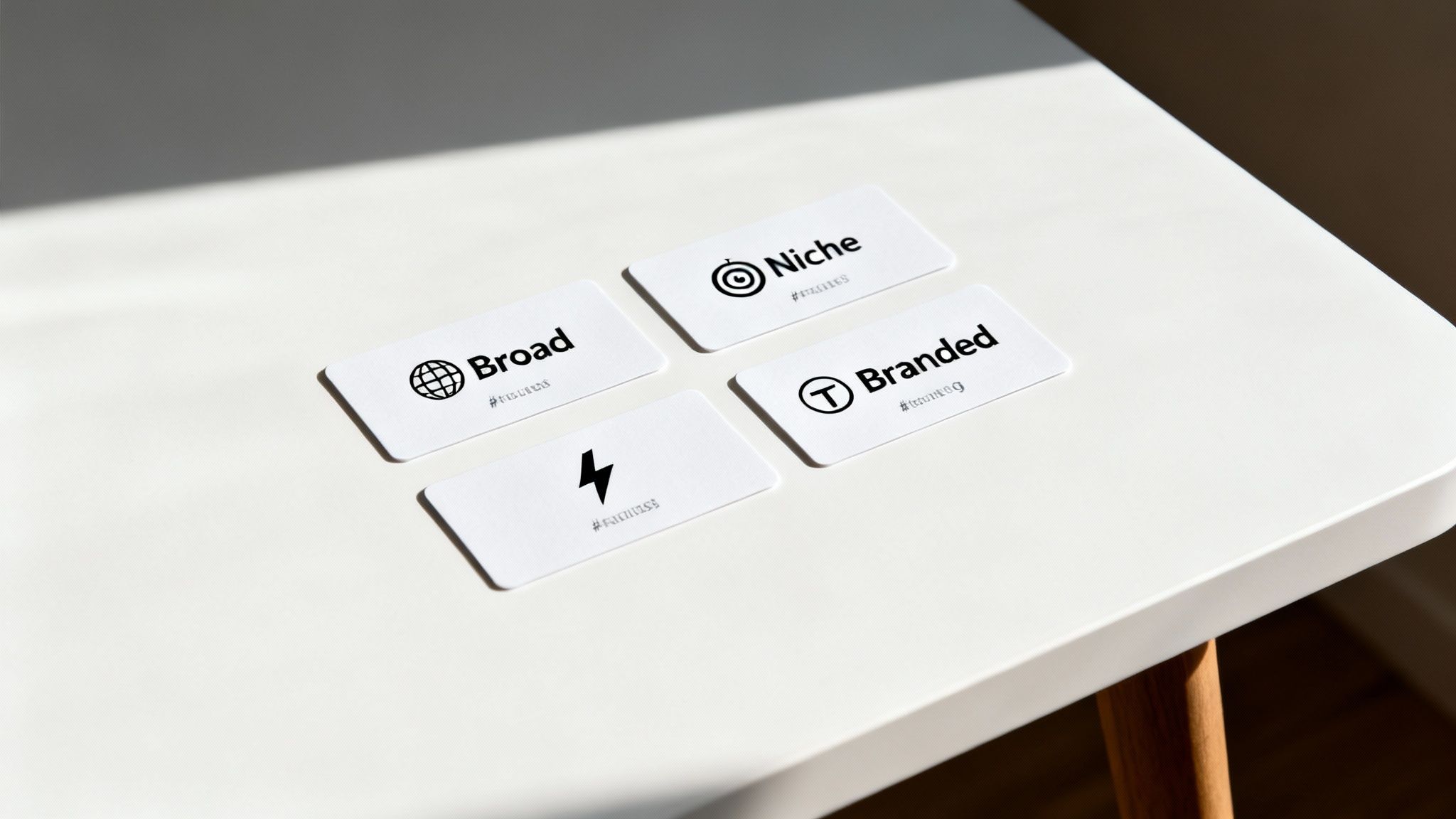 Four white cards displaying marketing terms like 'Broad', 'Niche', 'Branded', and a lightning bolt.