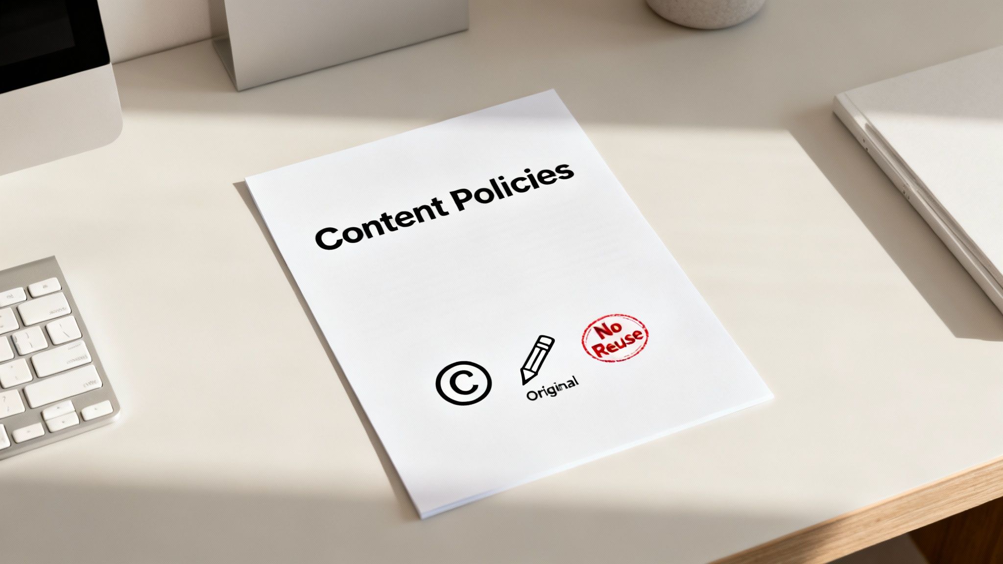 A document titled "Content Policies" with copyright, original content, and no reuse symbols on a desk.