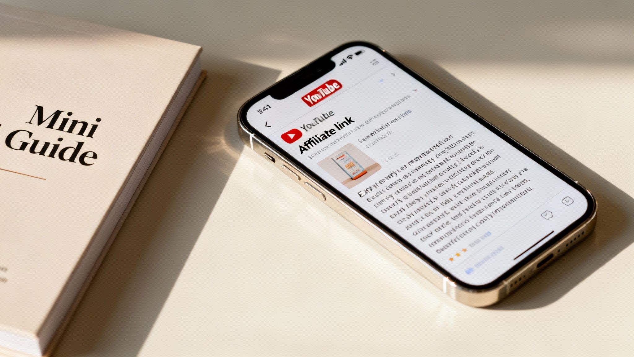 A smartphone displaying YouTube's "Affiliate link" feature next to a "Mini Guide" book.