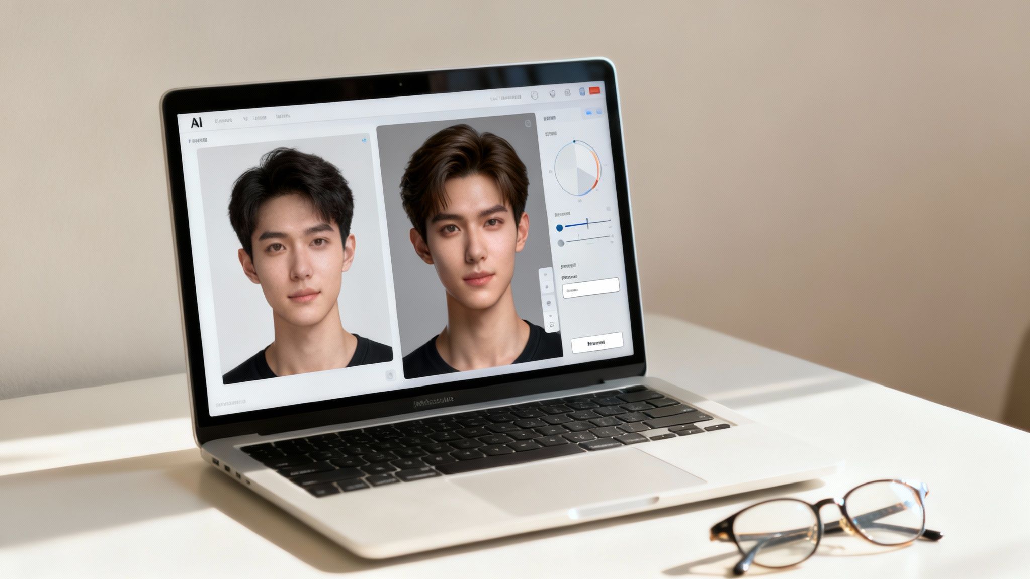 Laptop displays AI character creation software showing two male character portraits and customization options.