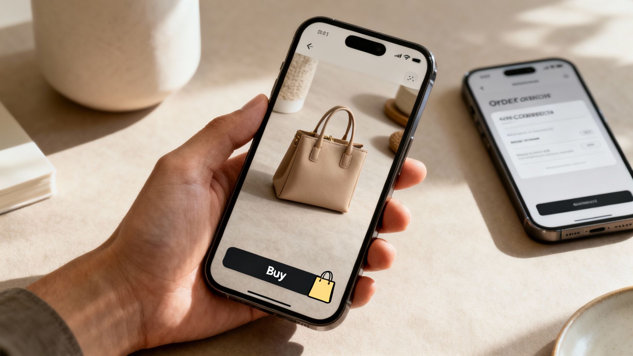 A hand holds a smartphone displaying a small beige handbag with a 'Buy' button.