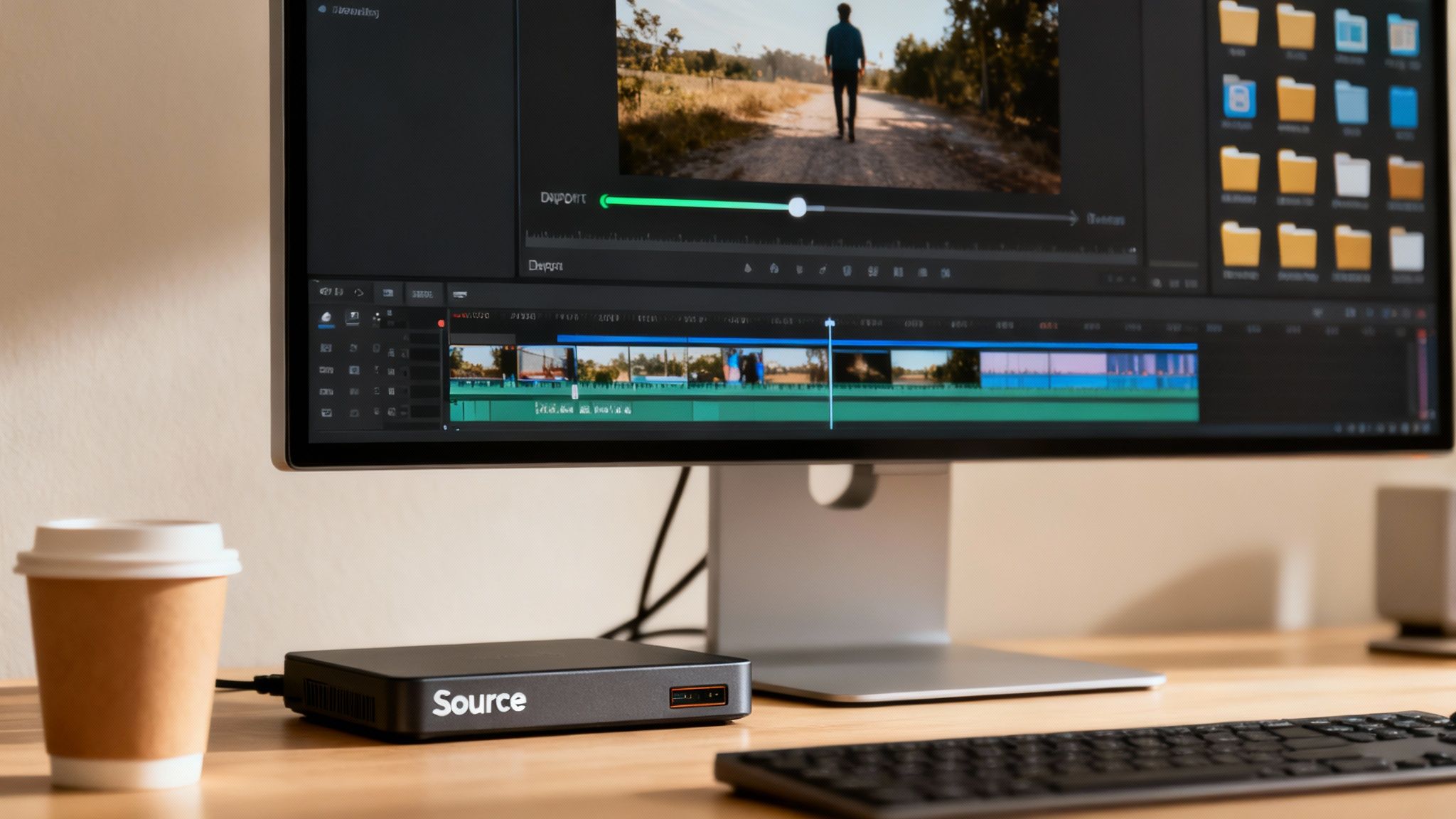 A desk with a monitor displaying video editing software, a 'Source' device, and a coffee cup.