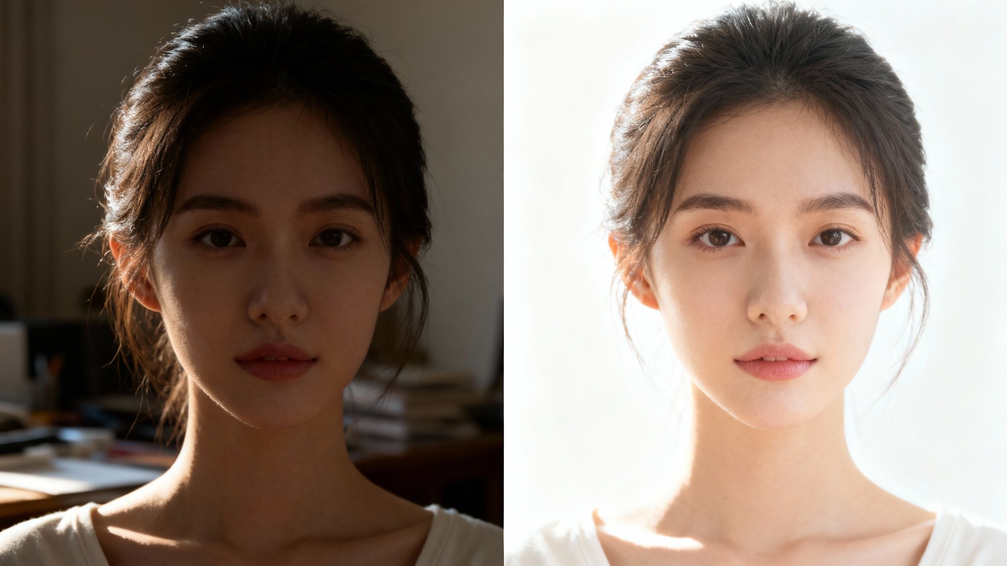 Comparison of a young woman's portrait, before and after significant brightening and clarity.