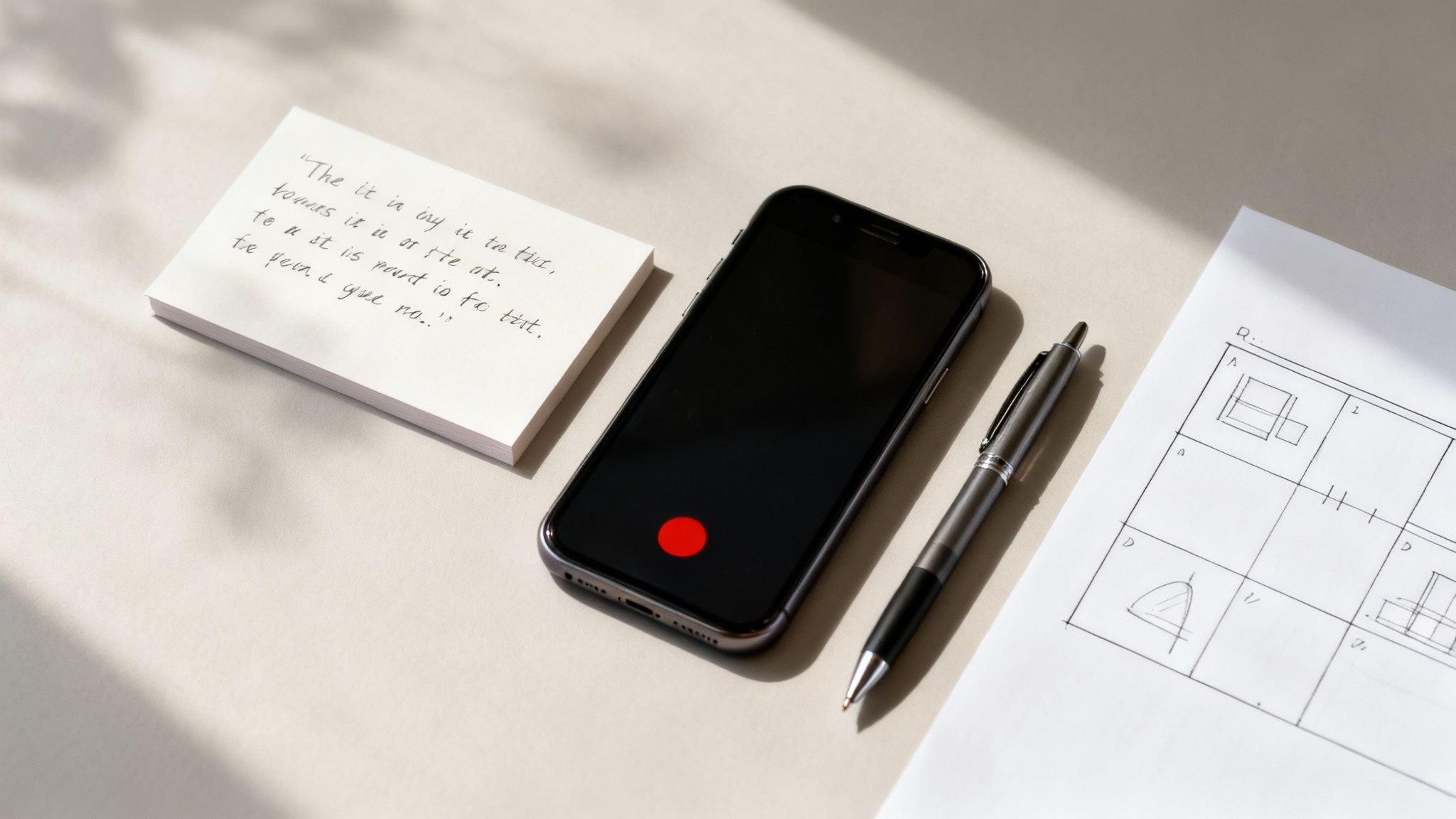 Overhead view of a desk with a smartphone, handwritten notes, a pen, and architectural drawings.