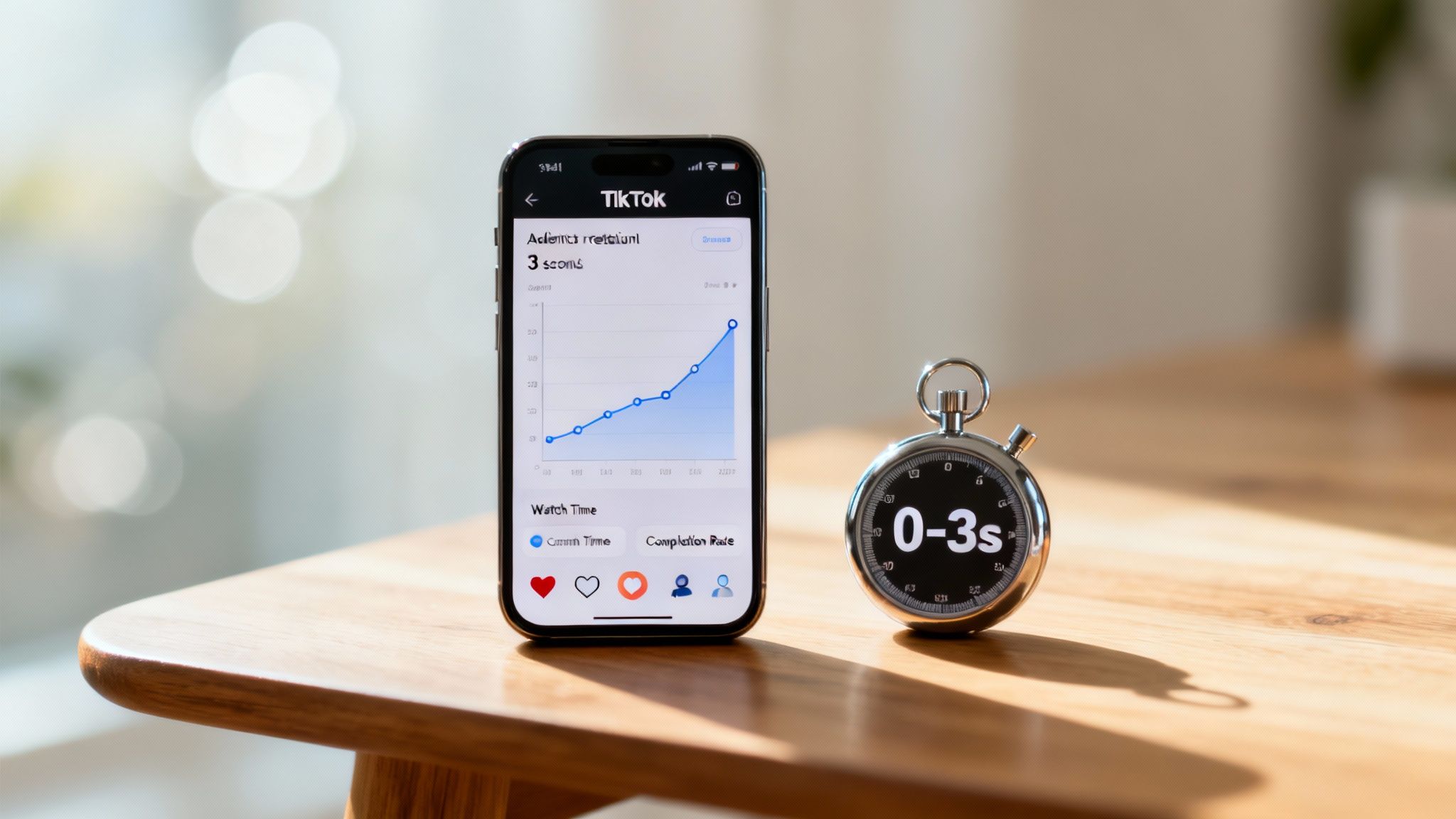 iPhone showing TikTok analytics graph and a stopwatch displaying '0-3s' on a wooden table, emphasizing short video engagement.