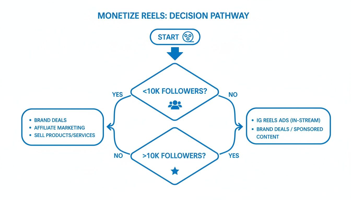 Flowchart illustrating Instagram Reels monetization strategies based on follower count, differentiating options for under and over 10K followers.