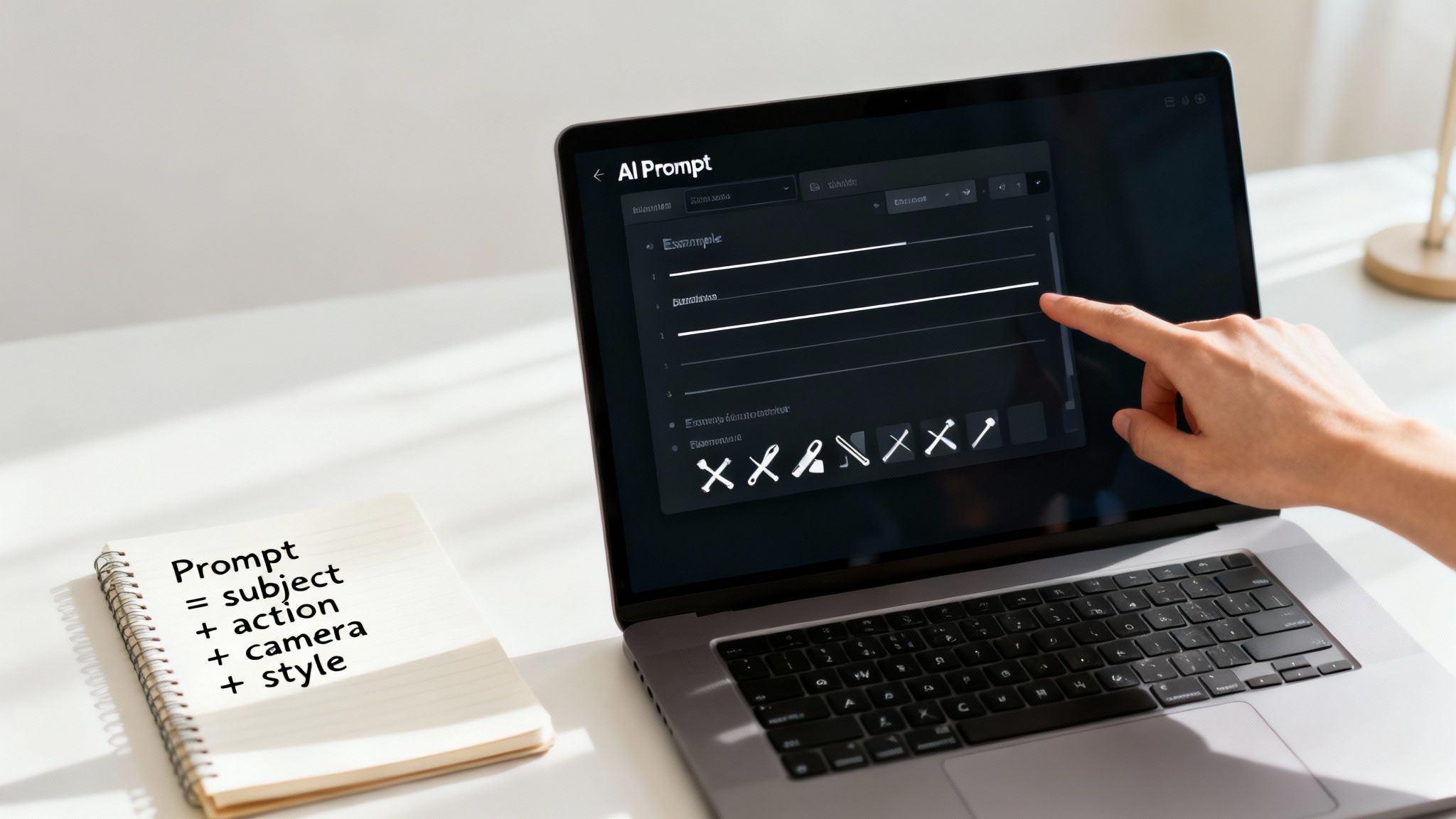 A person's hand interacting with a laptop showing an AI prompt creation interface, beside a notebook explaining prompt structure.