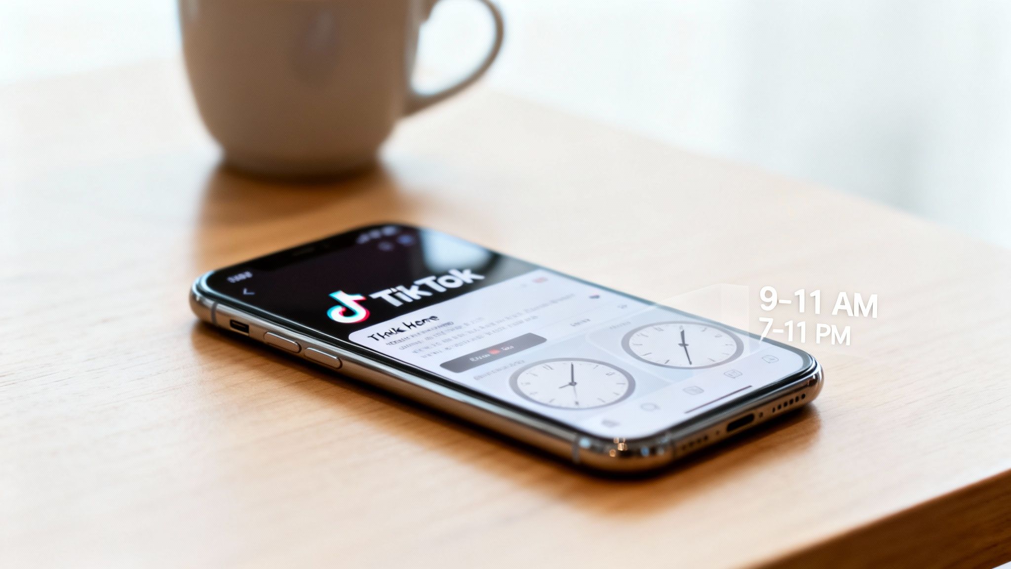 A smartphone displaying the TikTok app on a wooden table, with recommended posting times 9-11 AM and 7-11 PM.