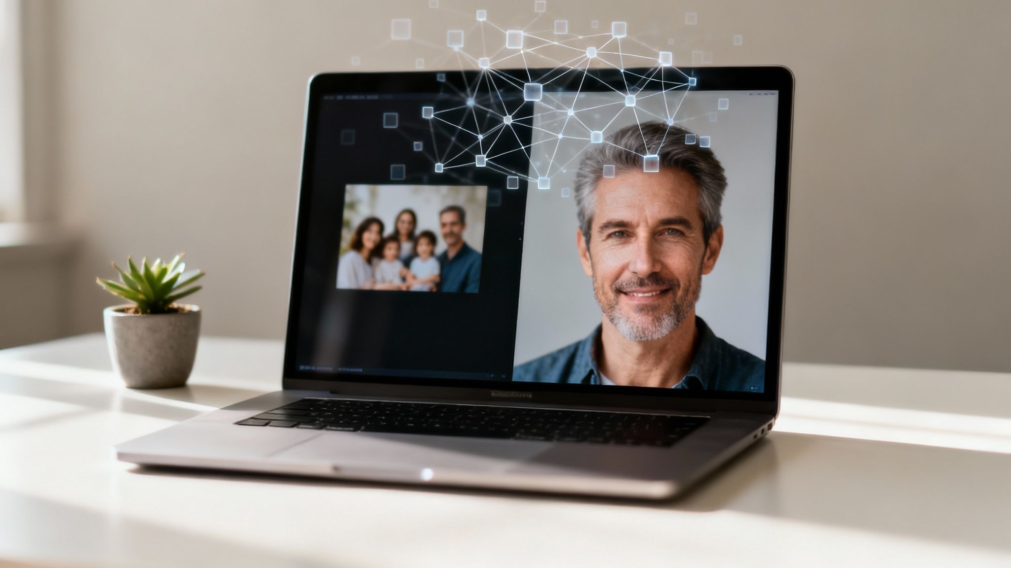 A laptop on a white desk displays a video call with a smiling man and a family, enhanced by a digital network overlay.