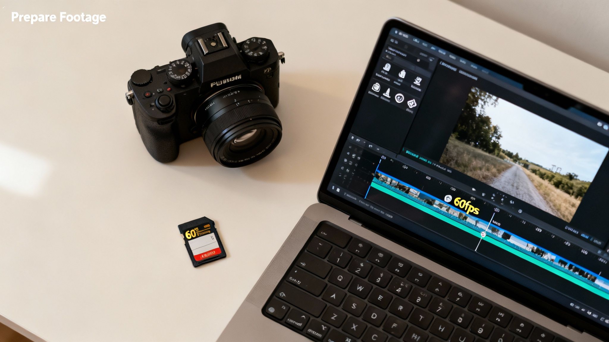 A black camera, an SD card, and a laptop with video editing software displaying 60fps footage.