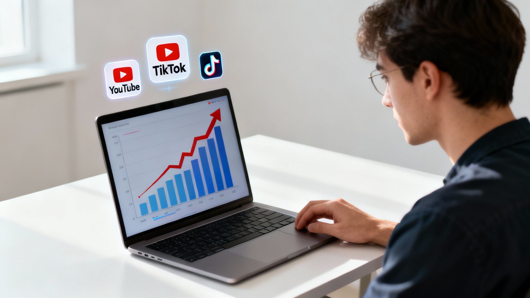 A person reviews social media growth on a laptop displaying charts and YouTube/TikTok icons.