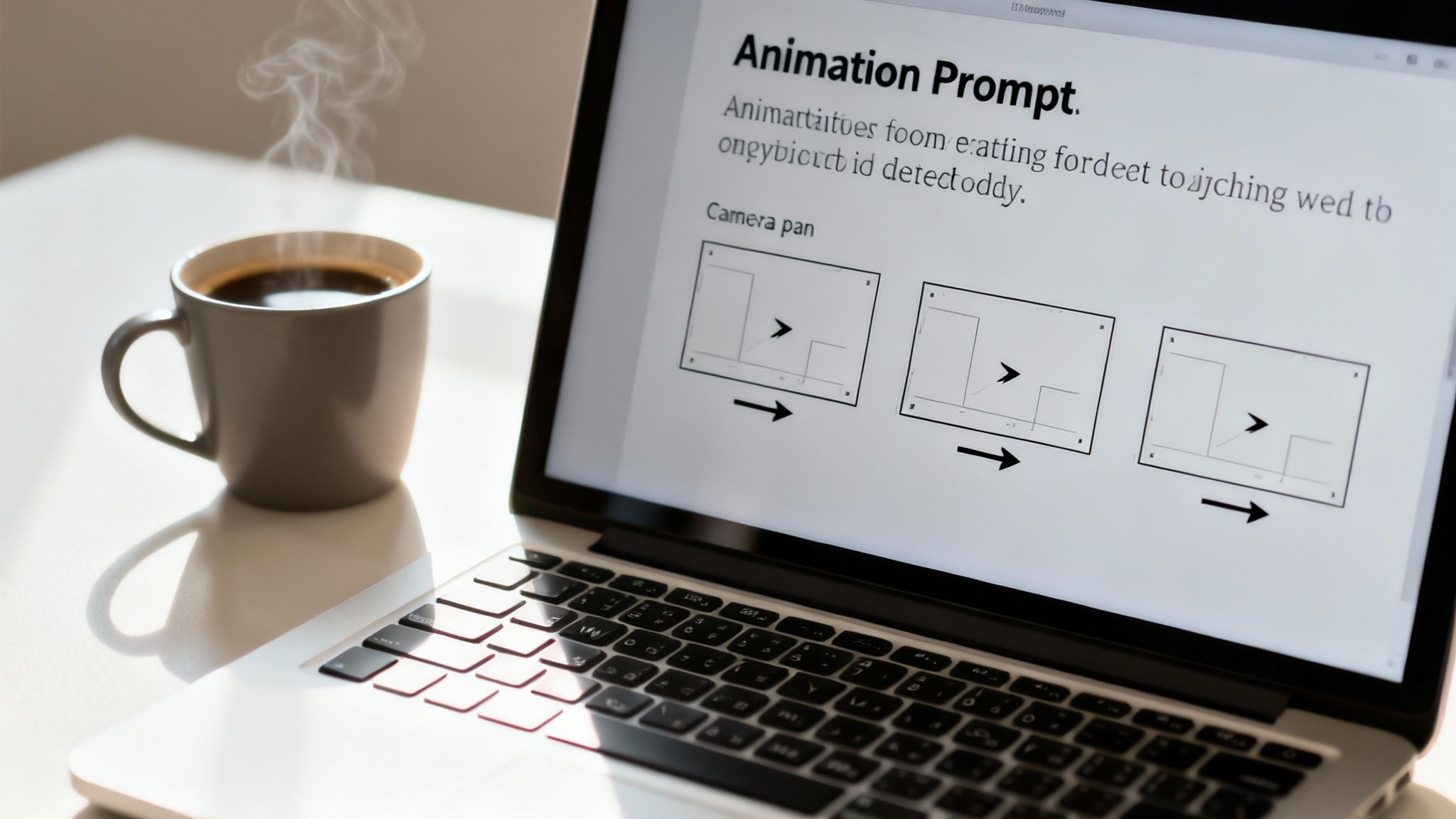 A laptop displaying an "Animation Prompt" with graphics and a steaming coffee mug on a white table.