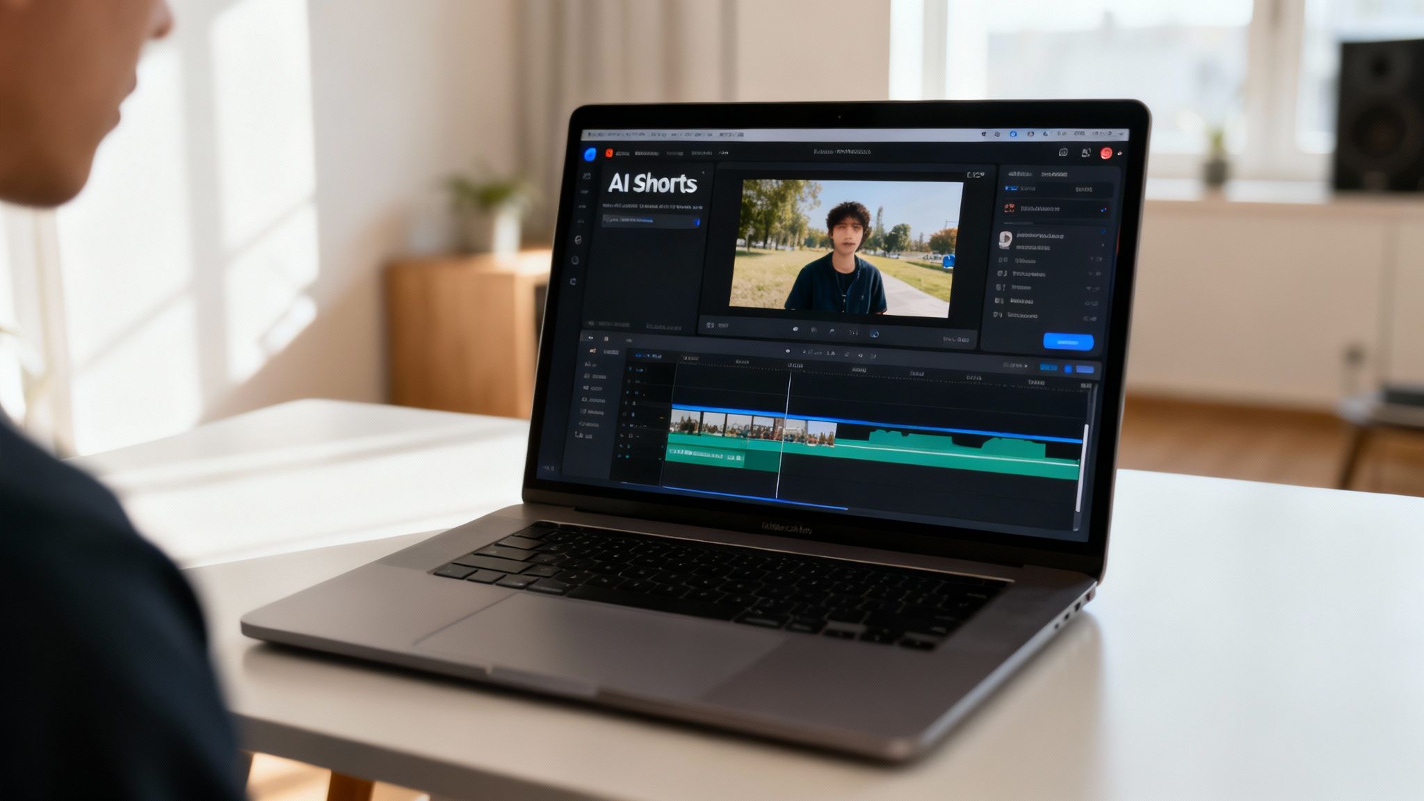 A person works on a laptop, editing a video using AI Shorts software.