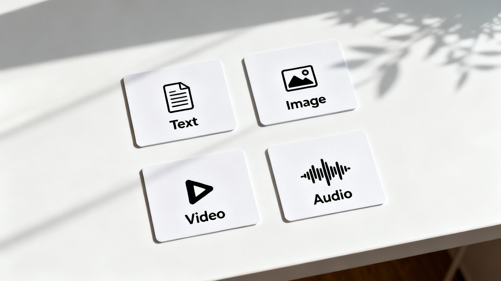Four white cards display icons and labels for Text, Image, Video, and Audio content types.