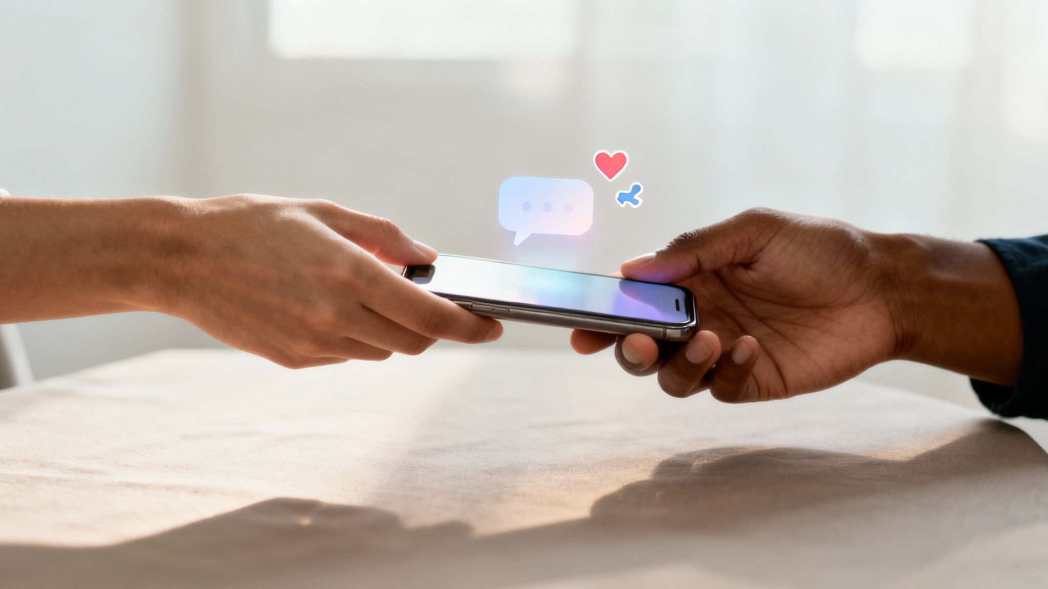 Two hands hold a smartphone with glowing chat, heart, and share icons, symbolizing digital interaction.