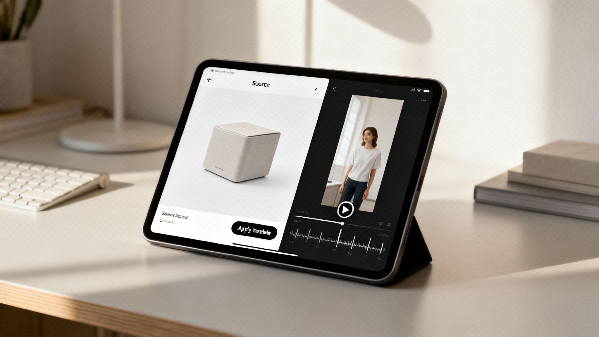 An iPad on a desk displaying a content creation app with product imagery and a video clip.