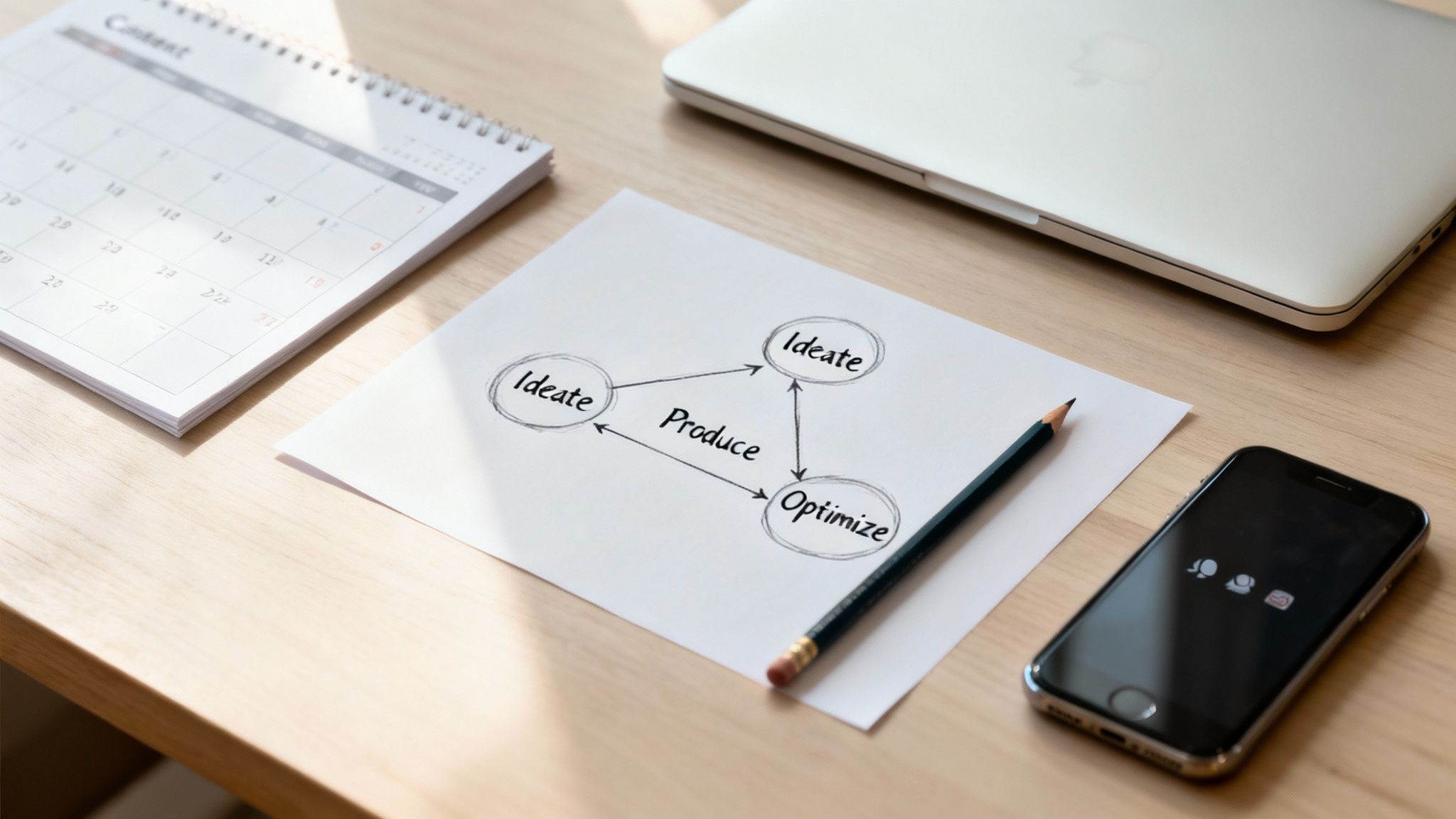 Desk flat lay with a calendar, laptop, smartphone, and a diagram showing a content creation cycle.