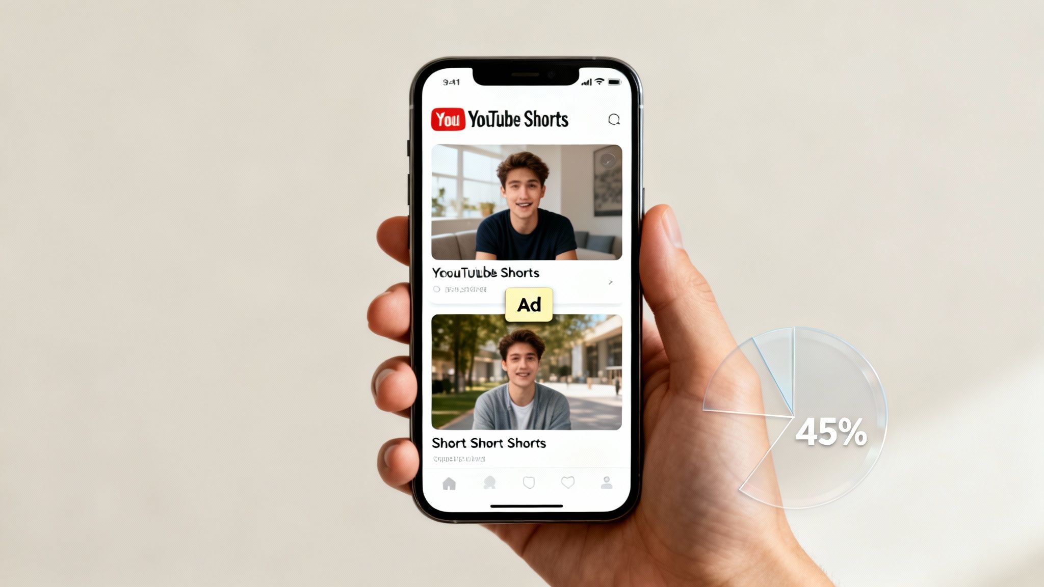 A hand holds a smartphone displaying YouTube Shorts with an ad and a 45% pie chart.