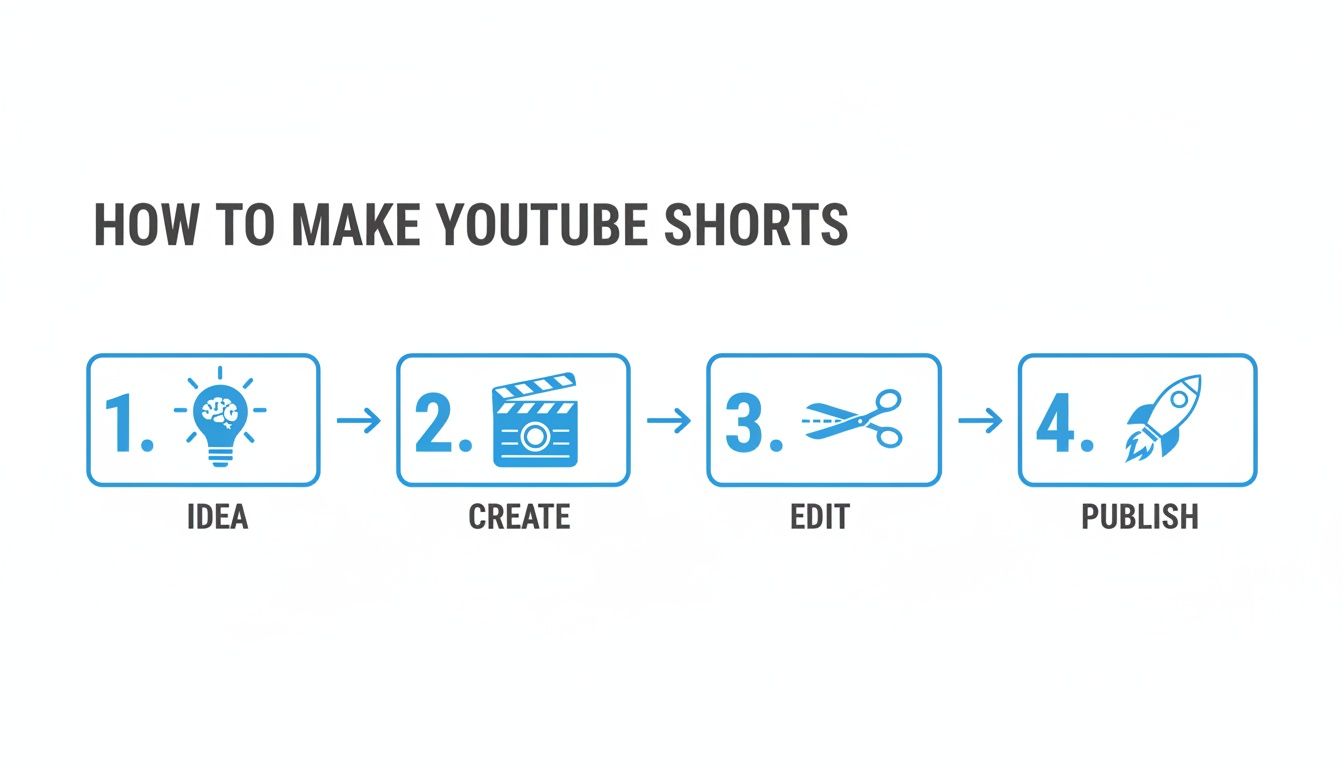 A four-step visual guide showing how to create YouTube Shorts: Idea, Create, Edit, Publish.