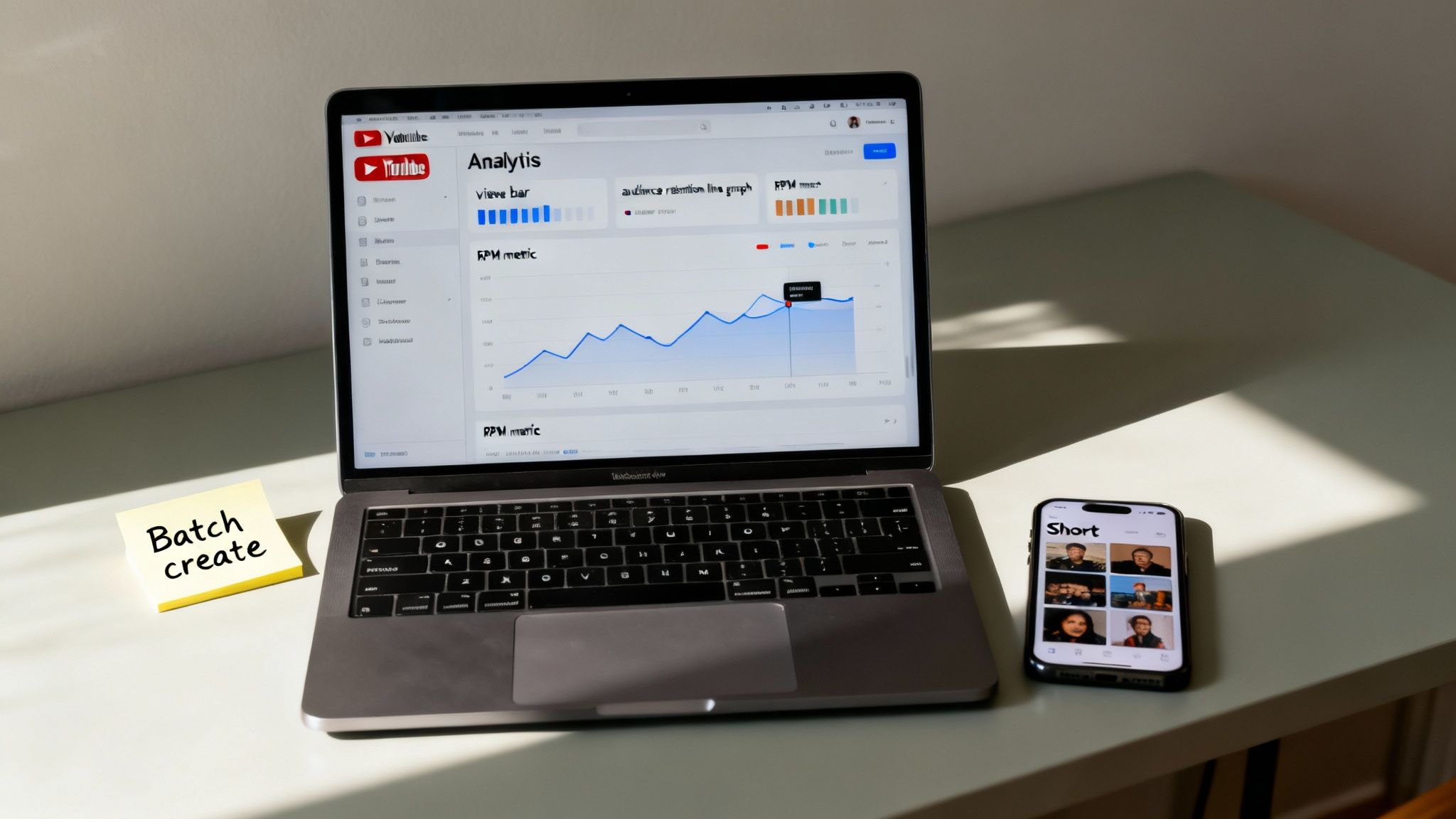 Laptop displaying YouTube analytics with an RPM metric graph and a phone showing YouTube Shorts videos.