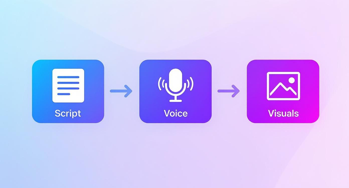 Flowchart illustrating the creative process from script development to voice narration and visual production.