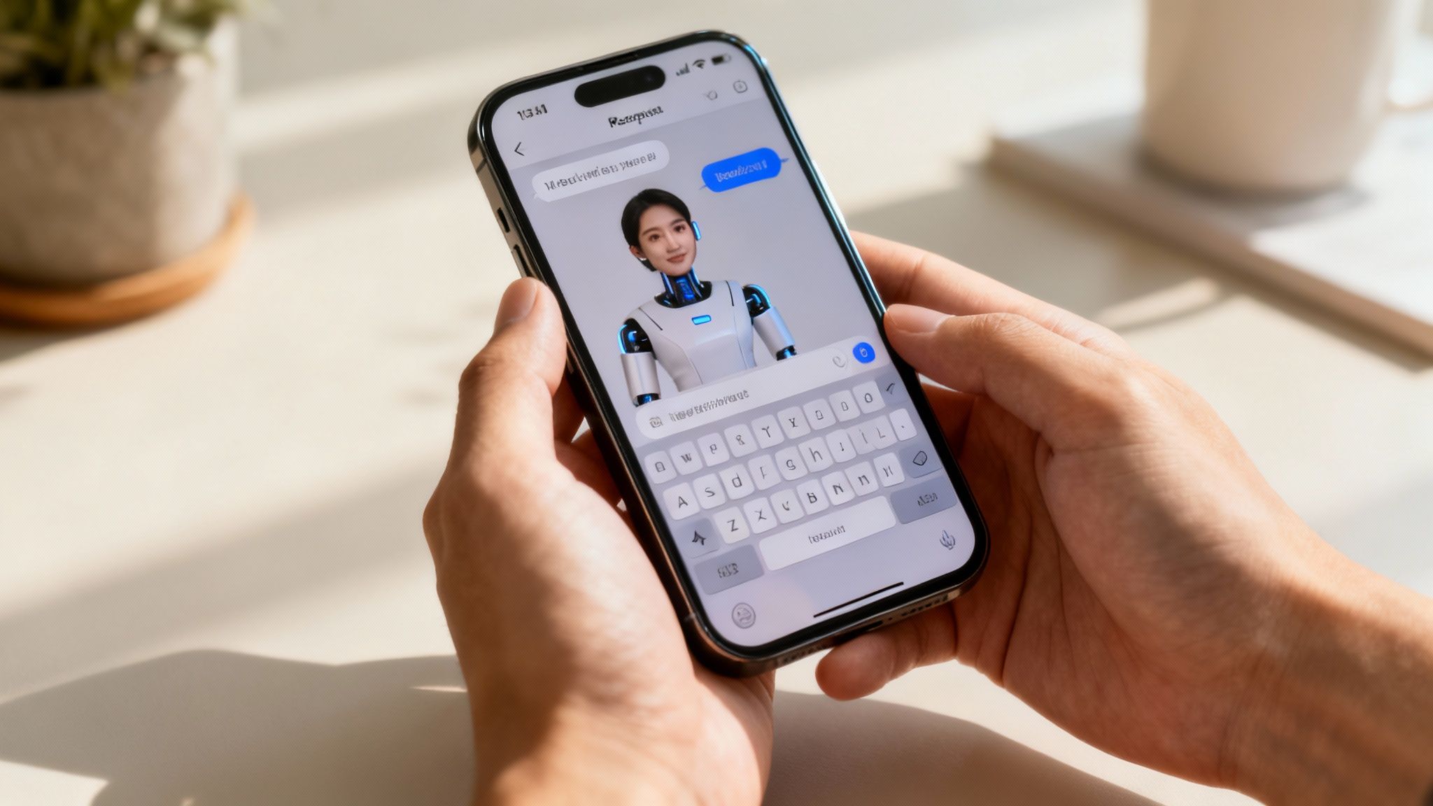 Hands hold a smartphone displaying an AI chatbot conversation with a robot avatar.