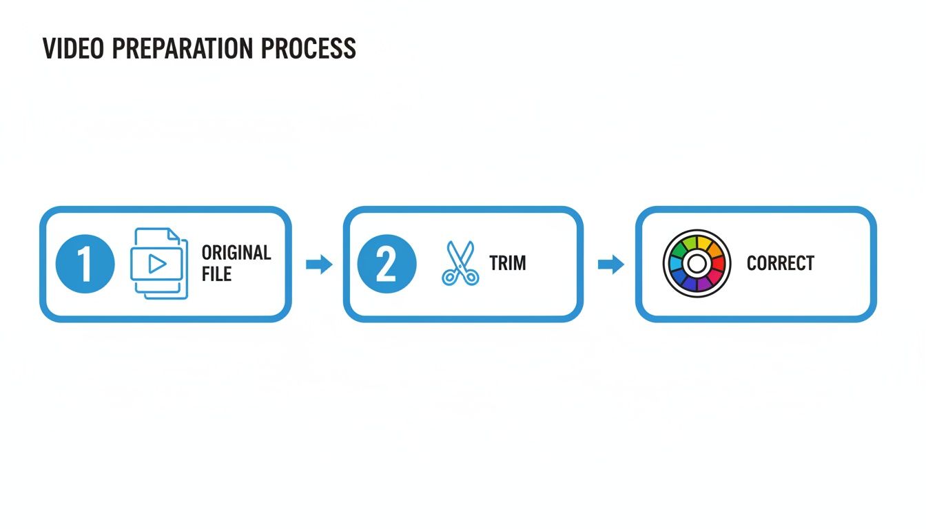 A flowchart illustrates the video preparation process, including original file, trim, and color correction.