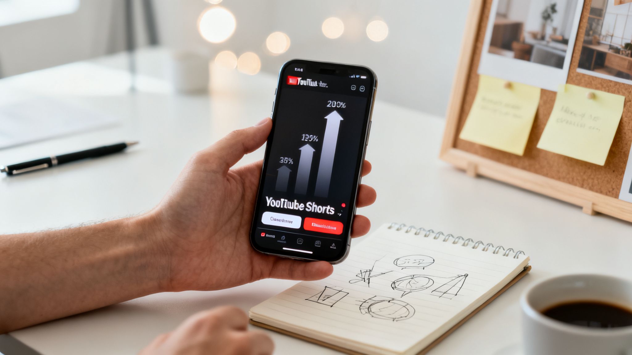A hand holds a smartphone displaying YouTube Shorts growth statistics, with a notebook and coffee nearby.