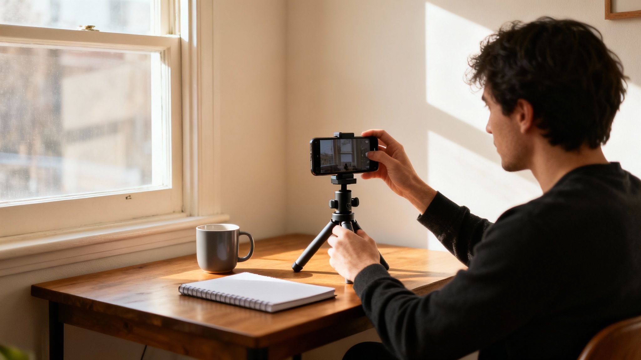 A man sets up his smartphone on a tripod for a video call or recording at a desk by a window.