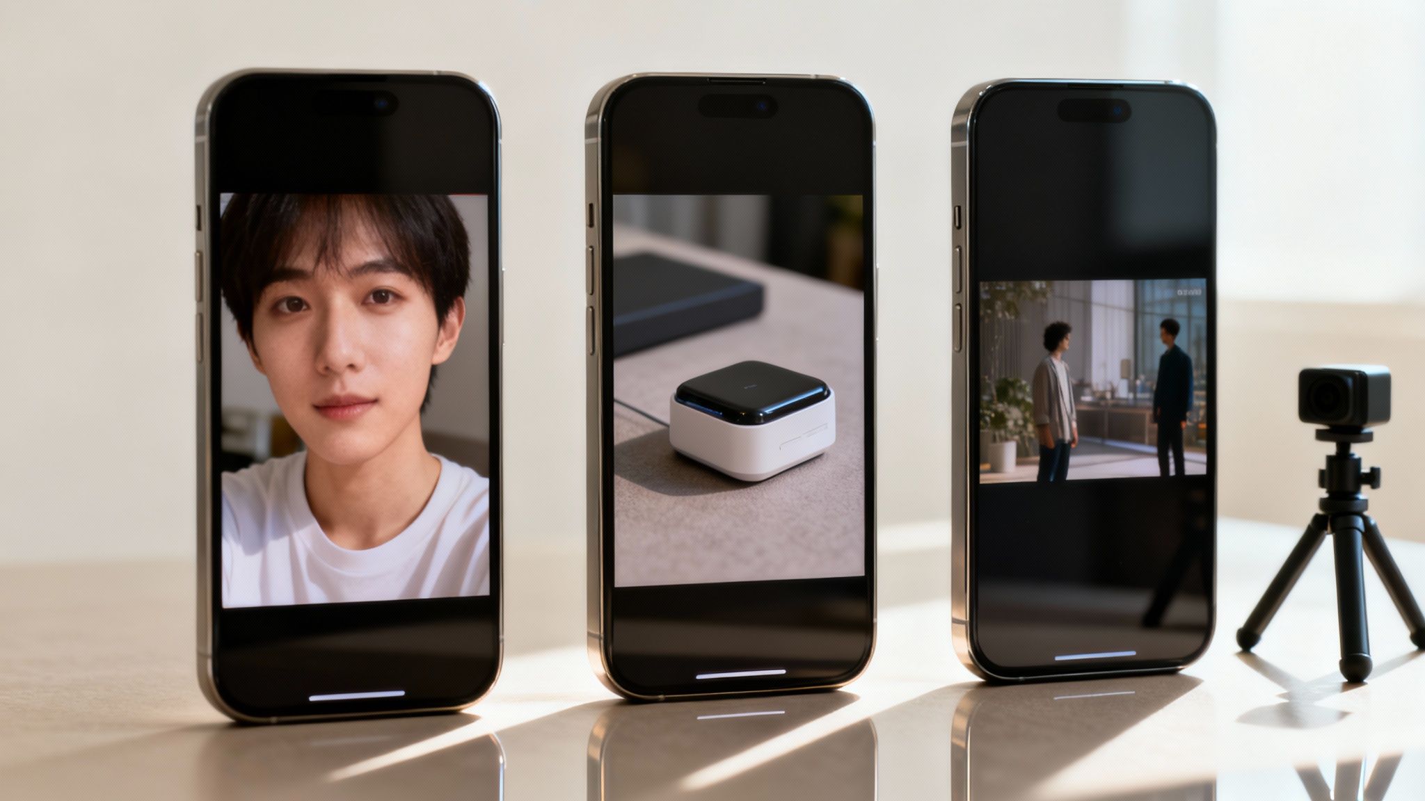 Three smartphones display various video content, a person, a device, and a scene, with a camera.