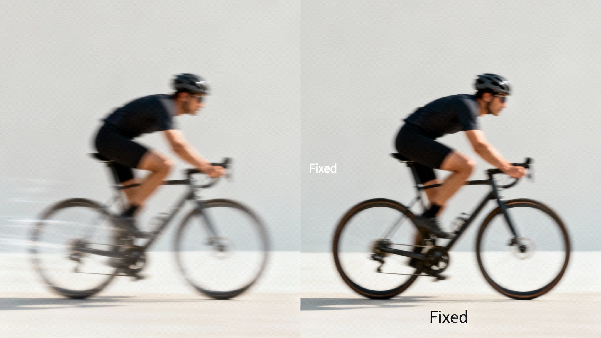 Split image showing a blurred cyclist on the left and a sharp, fixed cyclist on the right, demonstrating motion correction.