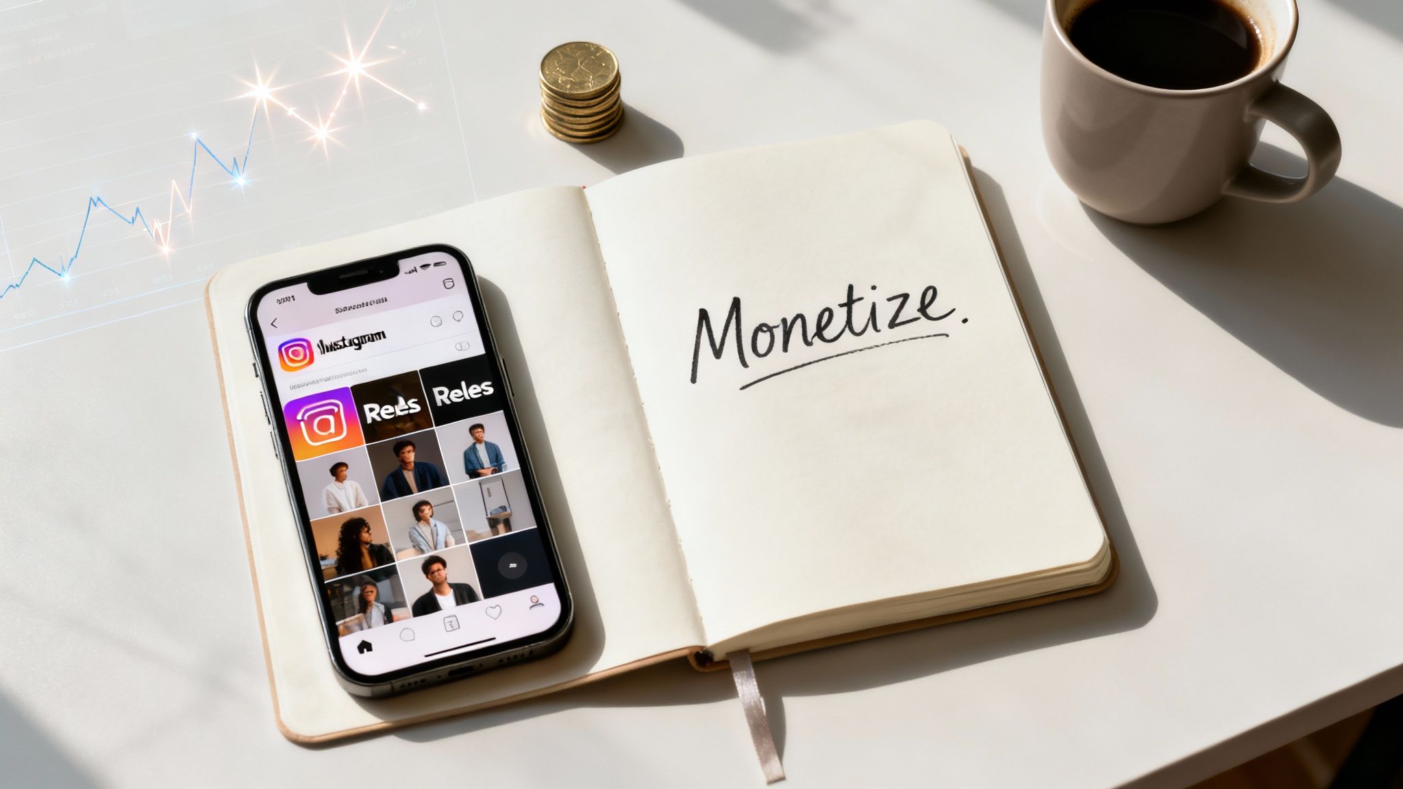 Flat lay with an iPhone displaying Instagram Reels, a notebook with 'Monetize.', gold coins, and coffee mug.