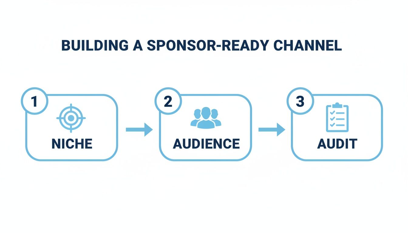Diagram illustrating three steps to build a sponsor-ready channel: Niche, Audience, and Audit.