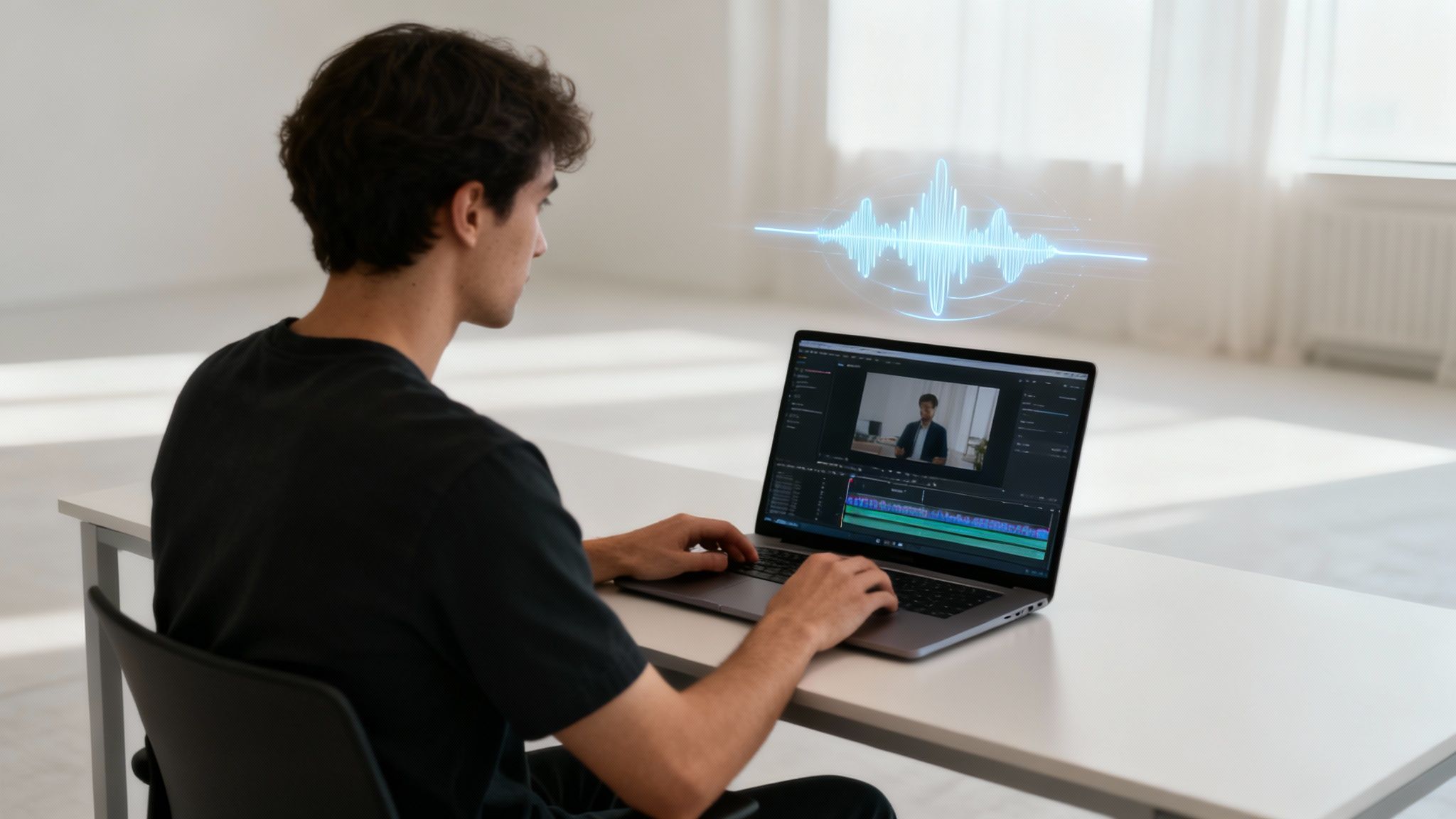 A man editing video on a laptop with a prominent AI sound wave visualization.