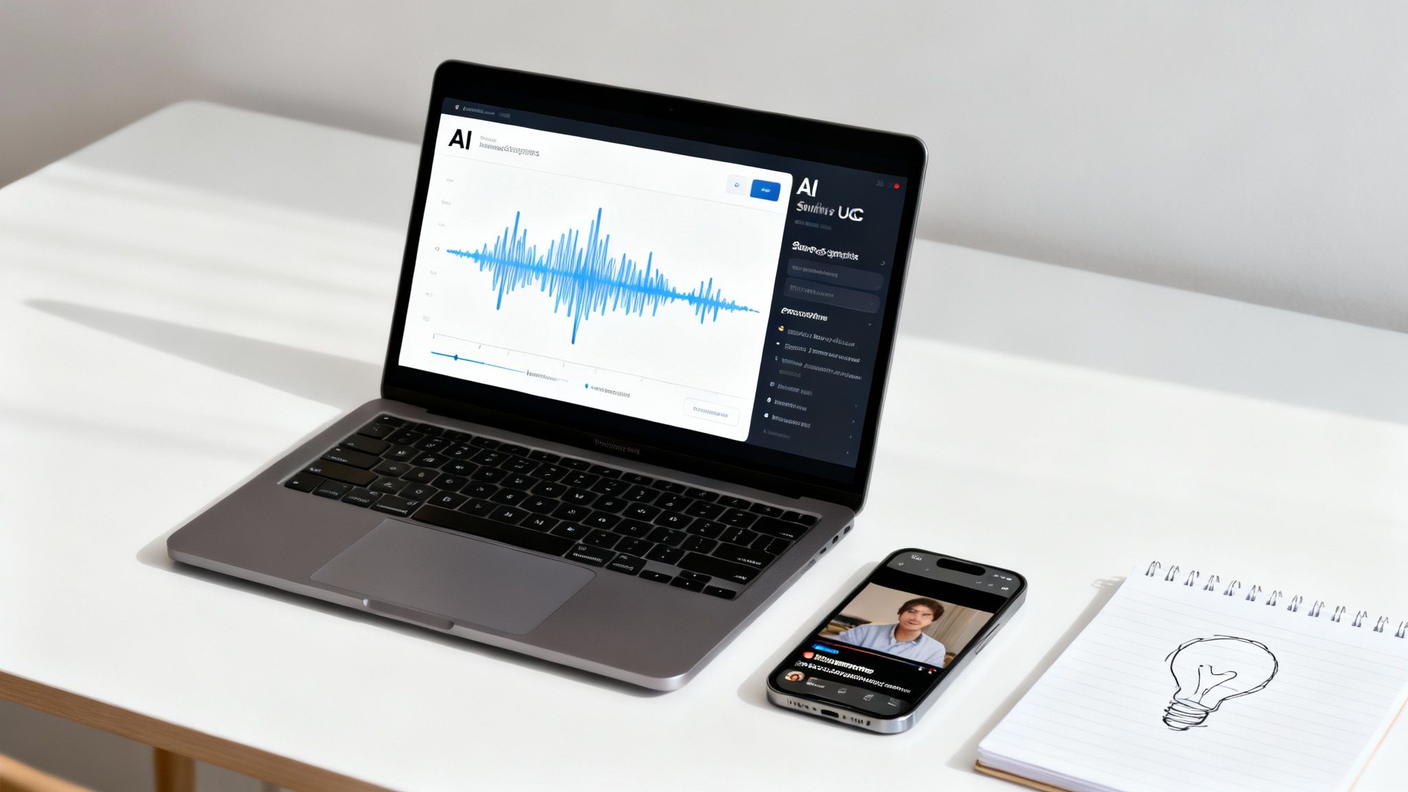 Laptop displaying AI analytics waveform dashboard with smartphone showing video content and notebook