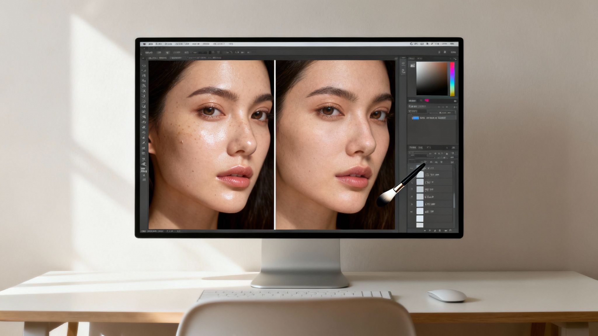A computer monitor shows a woman's face before and after photo editing with a digital makeup brush.