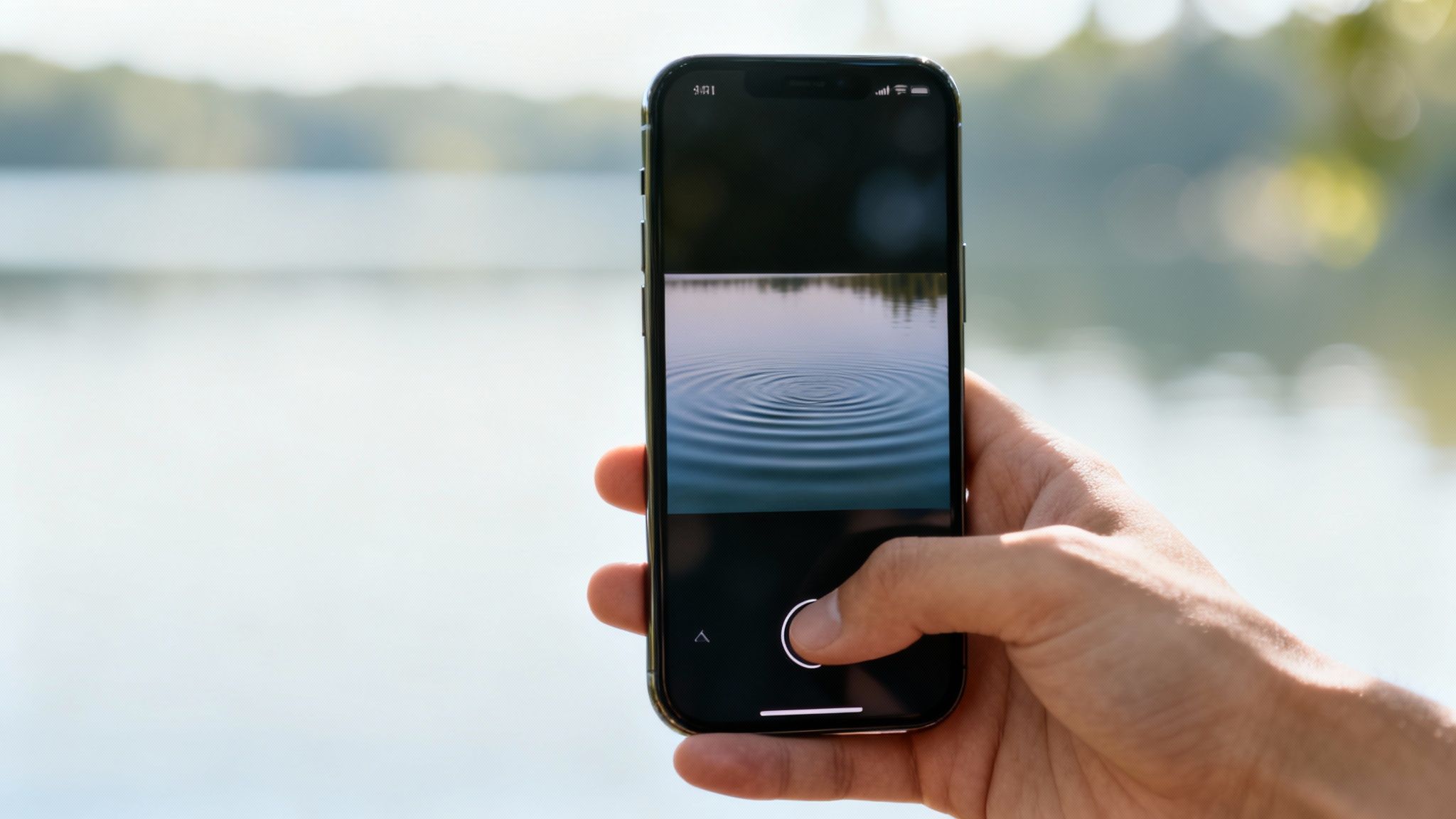 A hand holds a smartphone, capturing a photo of water ripples on a tranquil lake.
