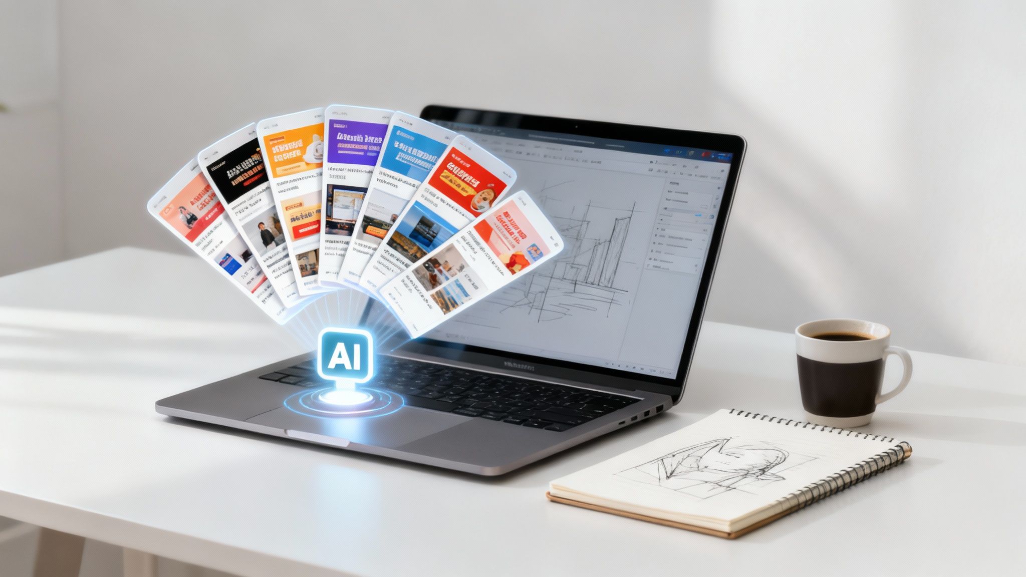 AI-powered laptop generating diverse mobile ad creatives and content on a white desk.