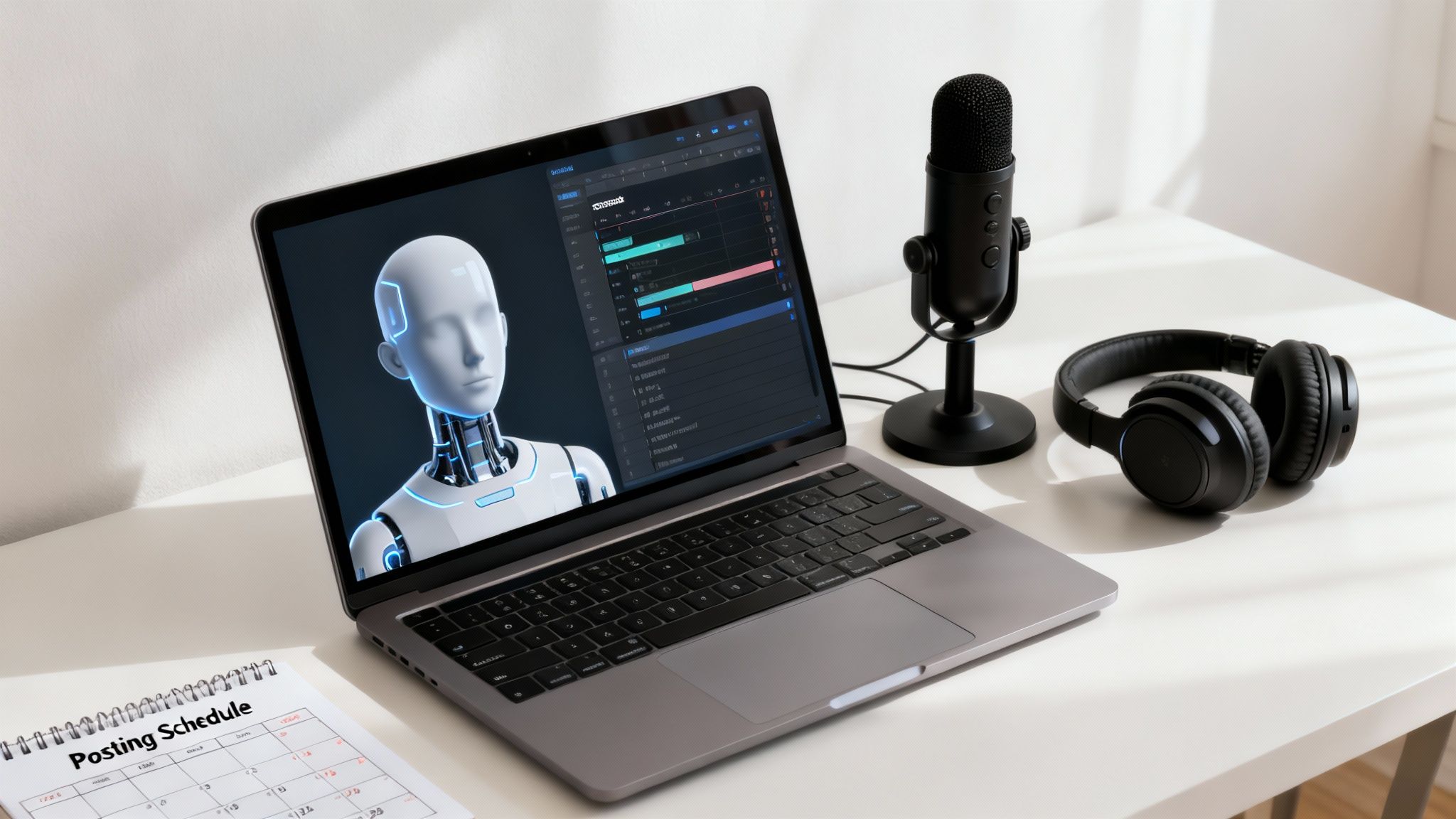 A laptop shows an AI robot and a dashboard, with a microphone, headphones, and a posting schedule.