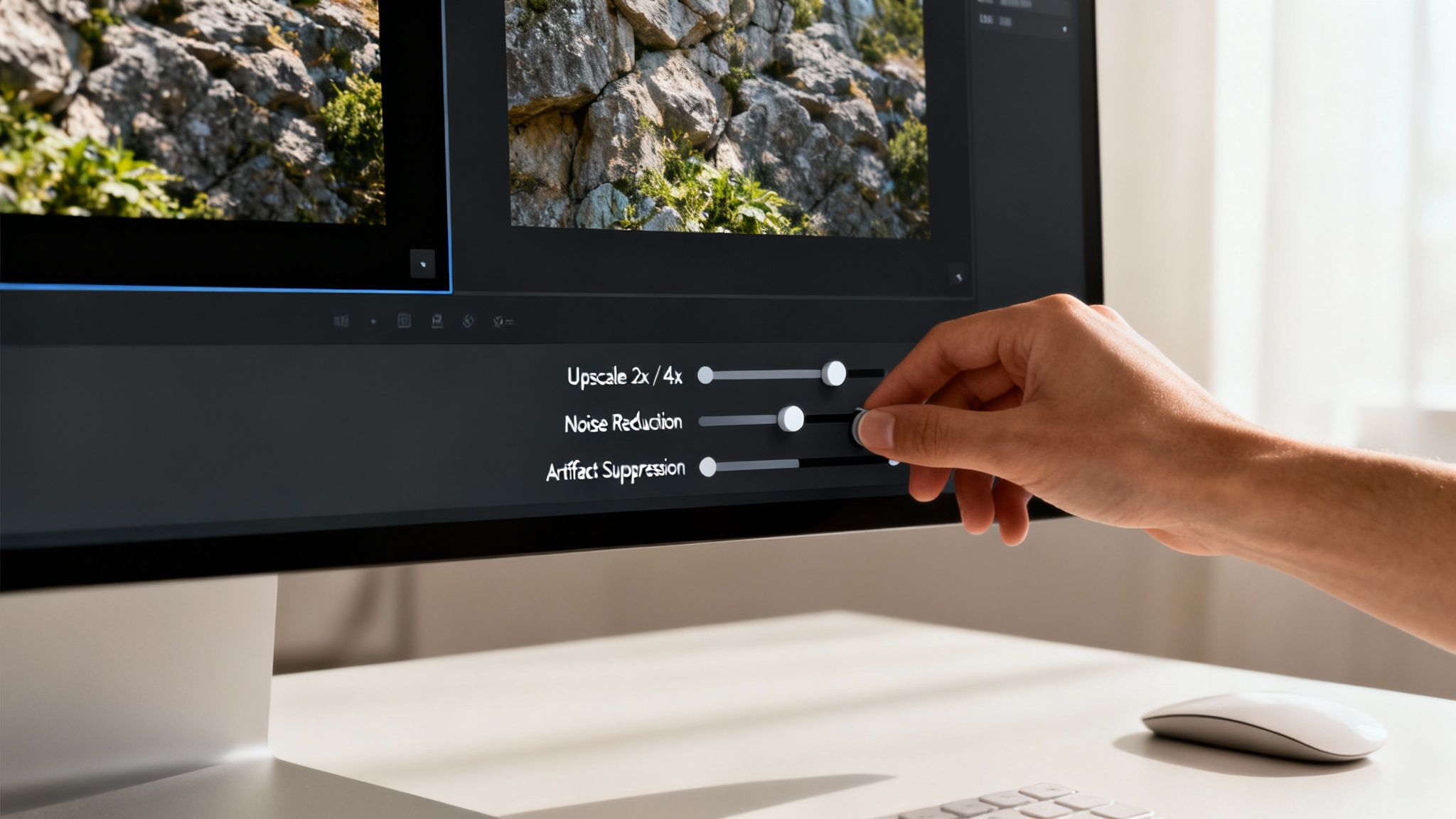 Person's hand adjusting AI image enhancement settings like upscaling and noise reduction on a monitor.
