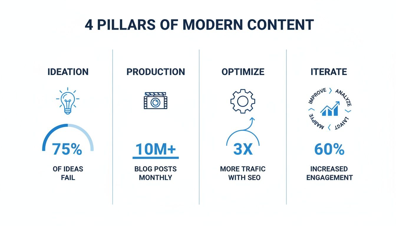 Infographic illustrating the 4 pillars of modern content: ideation, production, optimization, and iteration, with key metrics.