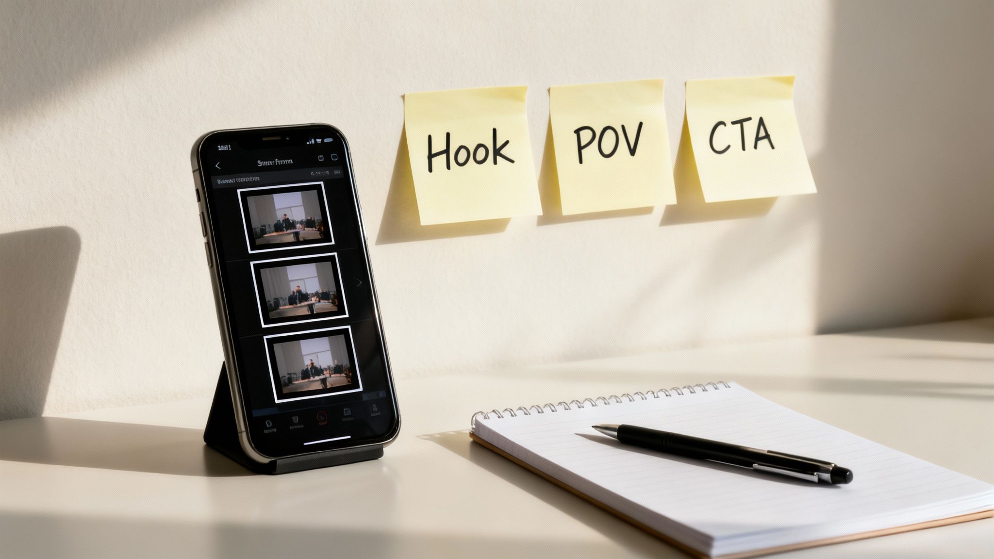 Smartphone showing video content next to sticky notes labeled Hook, POV, CTA, and a notebook.