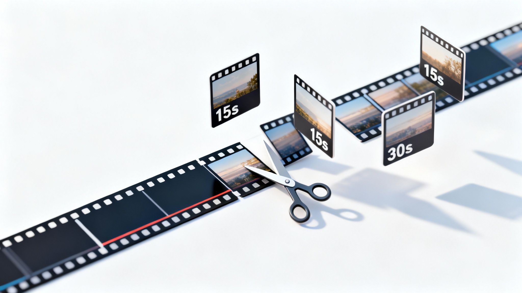Scissors cutting a film strip into shorter segments labeled with time durations, symbolizing video editing.